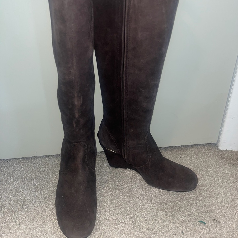 Tory Burch Dark Brown Knee High Boots 
with 3 1/2” wedge heel